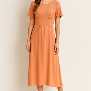 DownEast NWOT Peach Midi Dress Soft Rayon Short Sleeve Modest Everyday Wear L